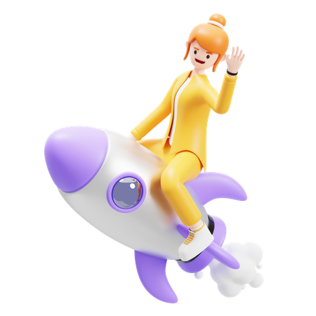 Girl Ride On Rocket  3D Illustration