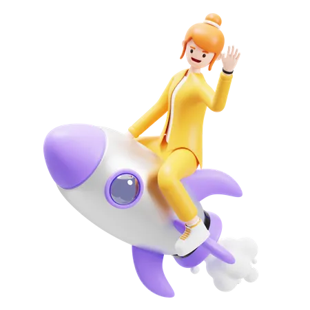 Girl Ride On Rocket  3D Illustration