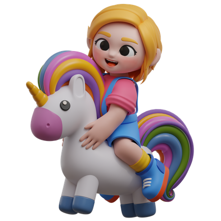 Girl Riding A Colorful Unicorn  3D Illustration