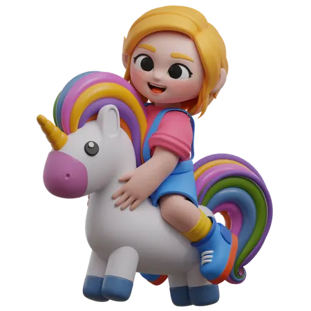 Girl Riding A Colorful Unicorn  3D Illustration