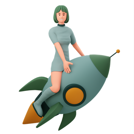 Girl Riding Business Rocket  3D Illustration