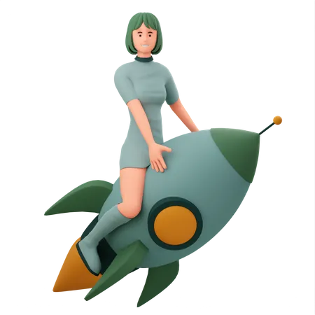 Girl Riding Business Rocket  3D Illustration