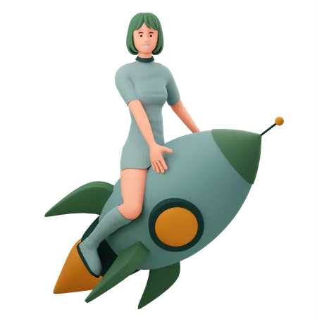 Girl Riding Business Rocket 3D Illustration
