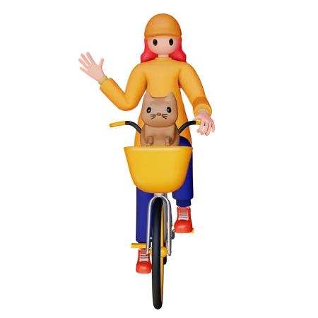 Girl Riding Cycle with his dog  3D Illustration