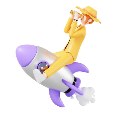 Girl Riding On Rocket And Looking Something From Telescope  3D Illustration