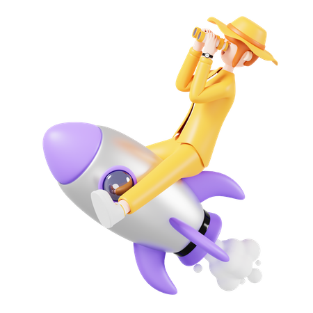 Girl Riding On Rocket And Looking Something From Telescope  3D Illustration