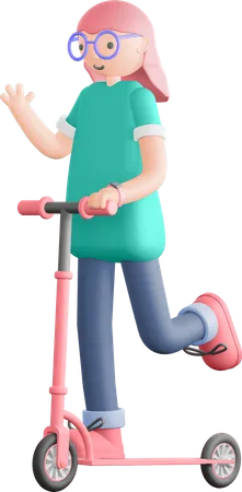 Girl riding scooter 3D Illustration