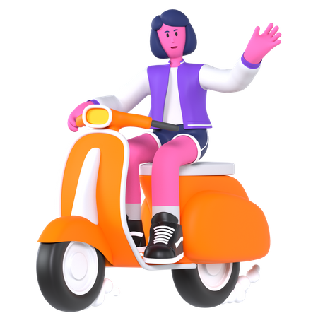 Girl riding scooter while travelling  3D Illustration