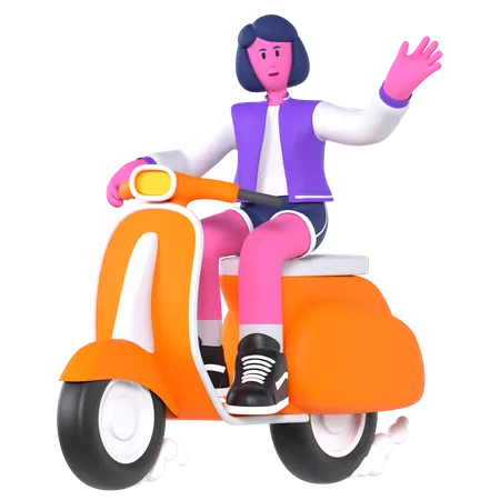 Girl riding scooter while travelling  3D Illustration