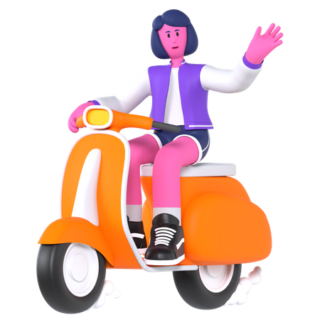 Girl riding scooter while travelling  3D Illustration
