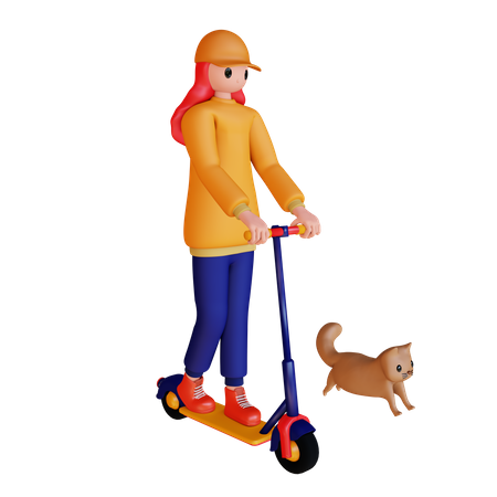 Girl riding scooter with cat  3D Icon