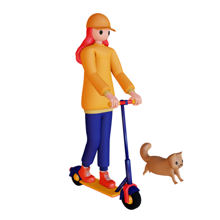 Girl riding scooter with cat  3D Illustration