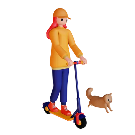 Girl riding scooter with cat  3D Illustration