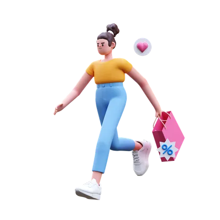 Girl Running For Shopping  3D Illustration