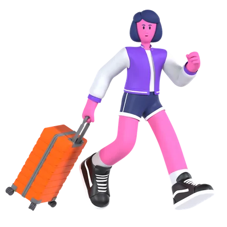 Girl running late for flight  3D Illustration