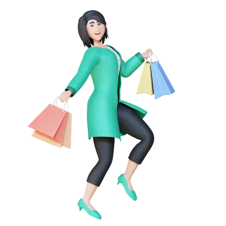 3 D Online Shopping Illustration Set Monica Running With Shopping Bag 3D Illustration