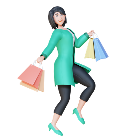 Girl Running With Shopping Bag  3D Illustration