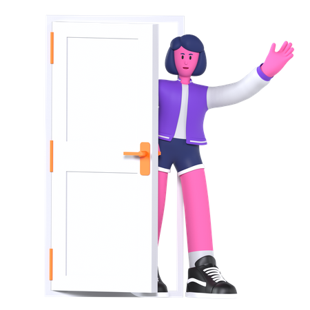 Girl say hello from behind the door  3D Illustration