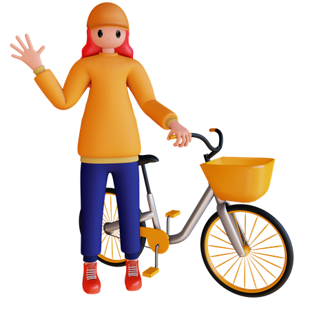 Girl say hello while holding bicycle  3D Icon