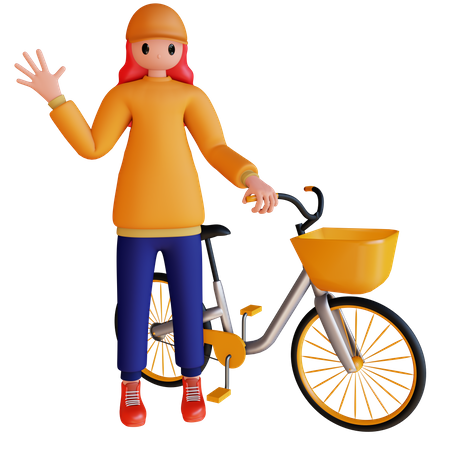 Girl say hello while holding bicycle  3D Illustration