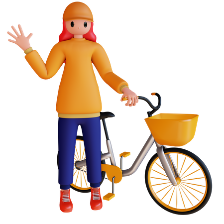 Girl say hello while holding bicycle 3D Illustration
