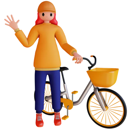 Girl say hello while holding bicycle 3D Illustration