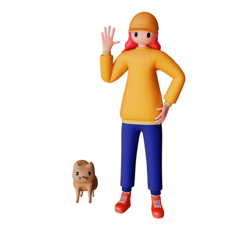 Girl saying hello with dog  3D Illustration