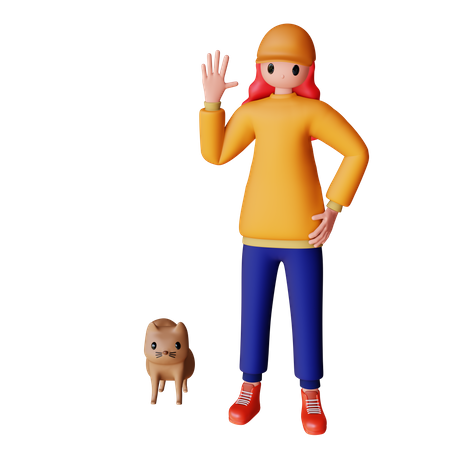 Girl saying hello with dog 3D Illustration
