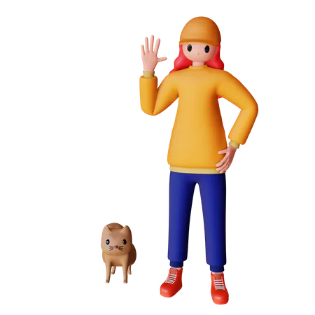 Girl saying hello with dog  3D Illustration