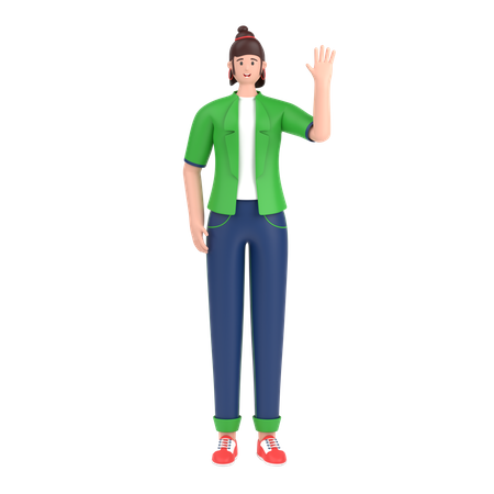 Girl saying hello with waving hand 3D Illustration