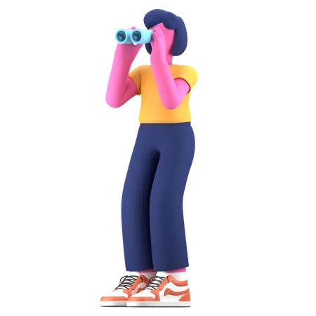 Girl searching using binoculars  3D Illustration
