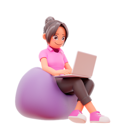 Girl seating on beanbag and working in laptop  3D Icon
