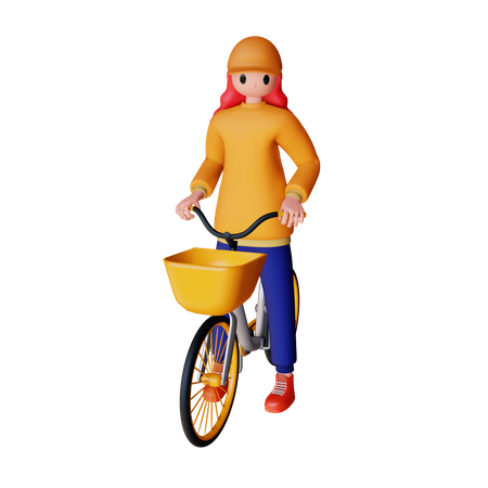 Girl seating on bicycle 3D Illustration