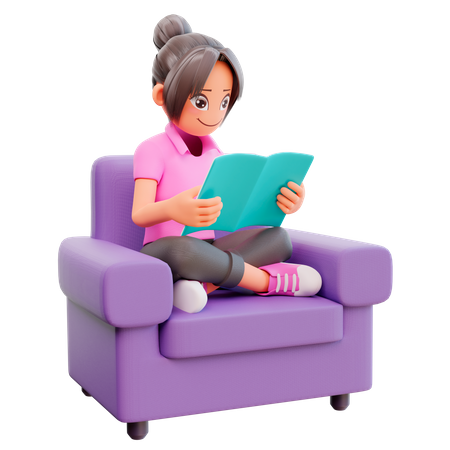 Girl seating on sofa and reading book  3D Icon