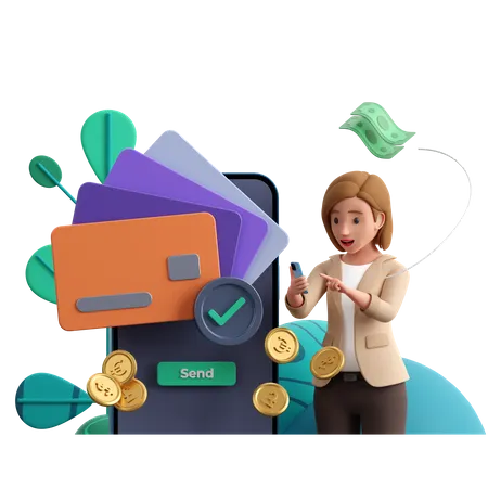 3 D Character Girl In A Suit Sends Money Standing In Front Of A Phone And Credit Cards 3D Illustration