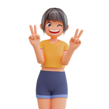 Girl show peace sign gesture laughing with smiling pose  3D Illustration