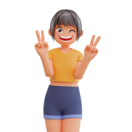 Sexy Girls Shows Peace Sign Gesture Laughing And Smiling Posing Happy 3 D Illustration 3D Illustration