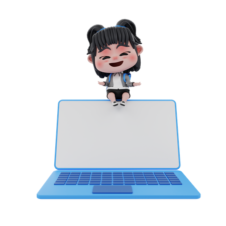 Girl showing blank laptop screen  3D Illustration