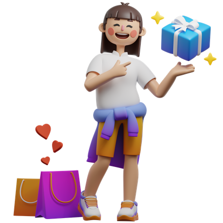 購入特典のギフトを見せる女の子  3D Illustration