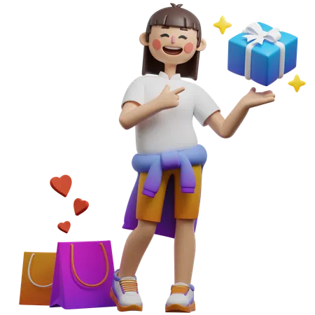 Girl Showing Bonus Gifts With Purchase  3D Illustration