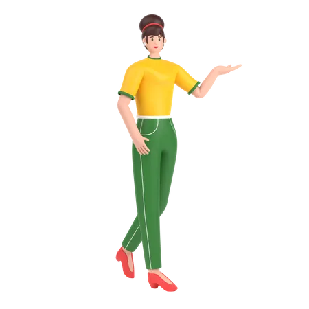 Girl showing empty copy space on open hand palm 3D Illustration