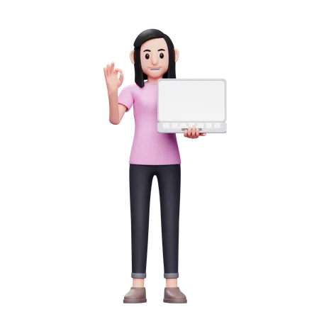 Girl showing laptop screen  3D Illustration