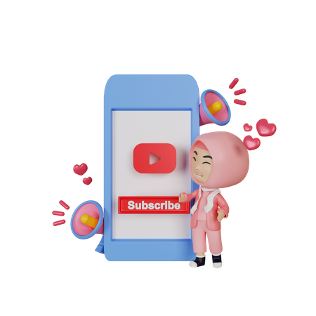Girl showing mobile screen with subscribe button  3D Icon