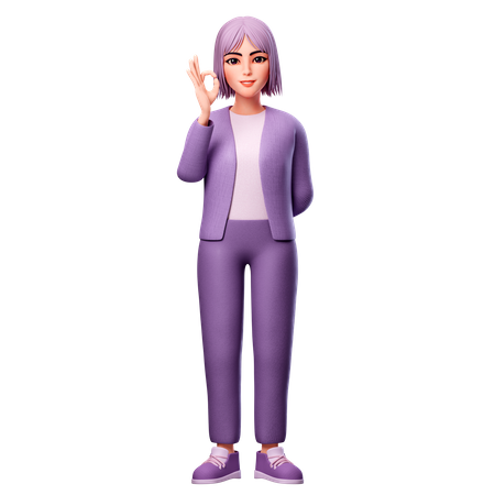 Girl Showing Ok Gesture Using Right Hand  3D Illustration