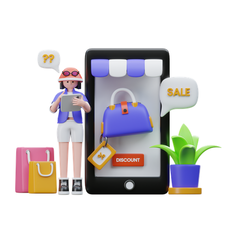 Girl showing online Ecommerce discount  3D Illustration
