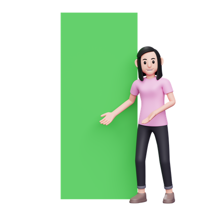Girl showing something on banner 3D Illustration