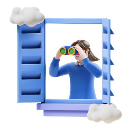 Girl Sighting From Window  3D Illustration