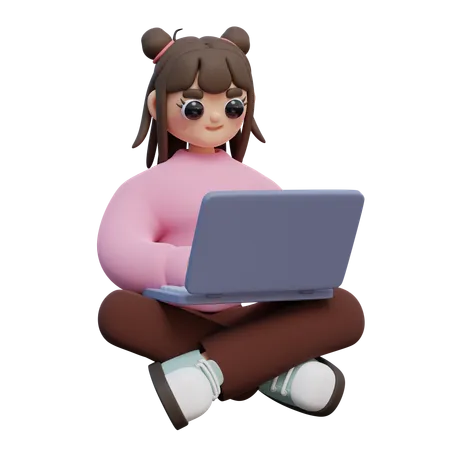 Girl Sit And Holding Laptop  3D Illustration