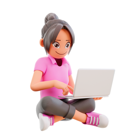 Girl sit crossed legs and studying in laptop  3D Icon