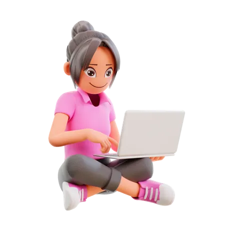 Girl sit crossed legs and studying in laptop  3D Illustration